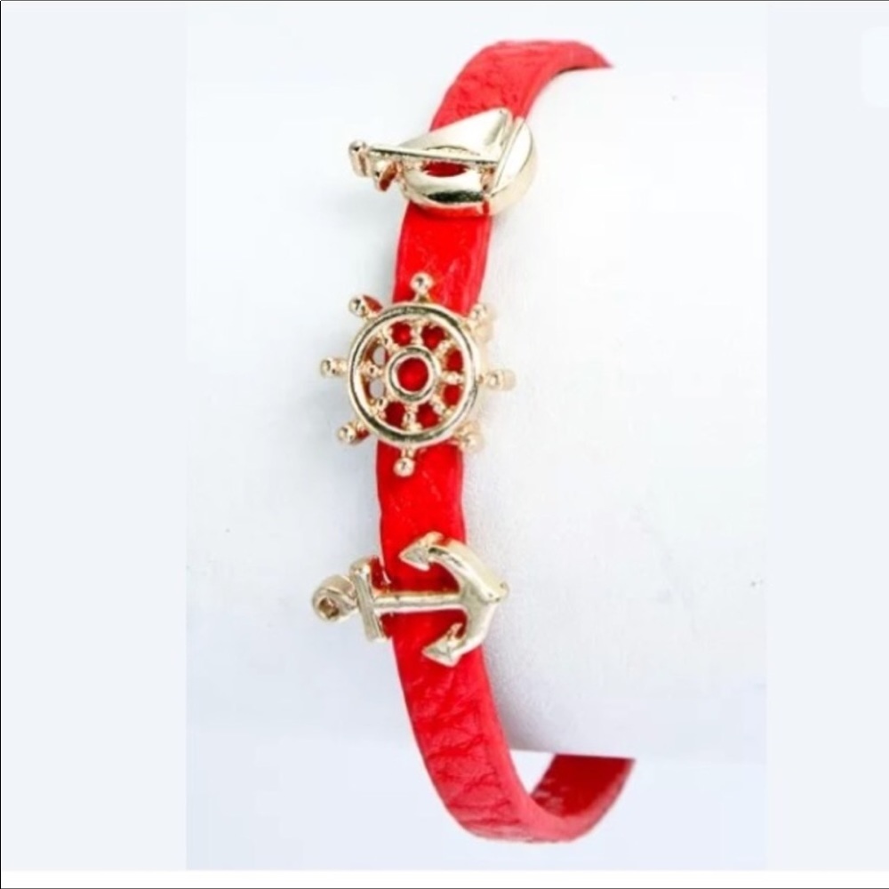 Nautical beach red & gold anchor bracelet 7" NEW